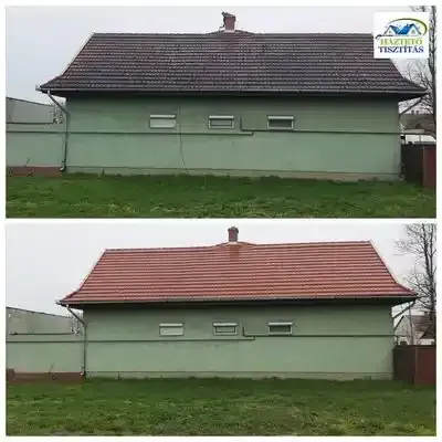 Tetőtisztítás előtti és utáni állapot látható, melyen mintha új lenne a tető.