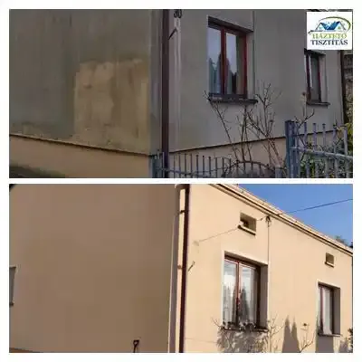 A képen egy homlokzat tisztítás előtt és után állapot látható mint szolgáltatás választó.