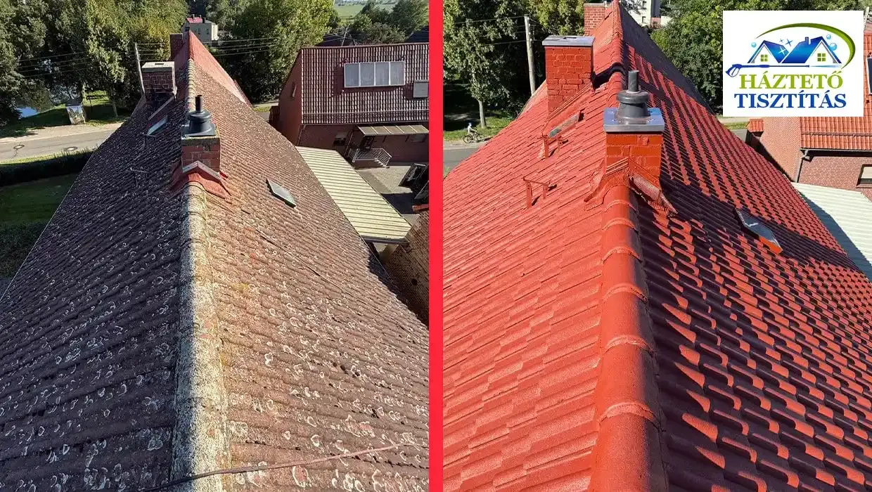 Tetőtisztítás után Tetőfestés Pécsett előtte és utána
