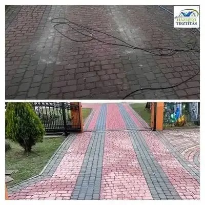 A képen egy térkő tisztítás előtt és után állapot látható mint szolgáltatás választó.
