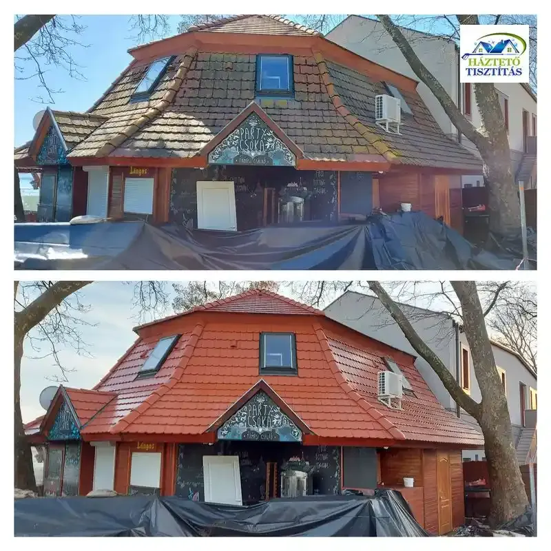 Tetőtisztítás, moha eltávolítás Balatongyörökön PartyCsóka étterem előtte és utána